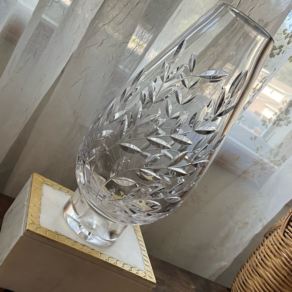 Vintage Crystal Cut Lead Glass Leaf  Design Bud Vase